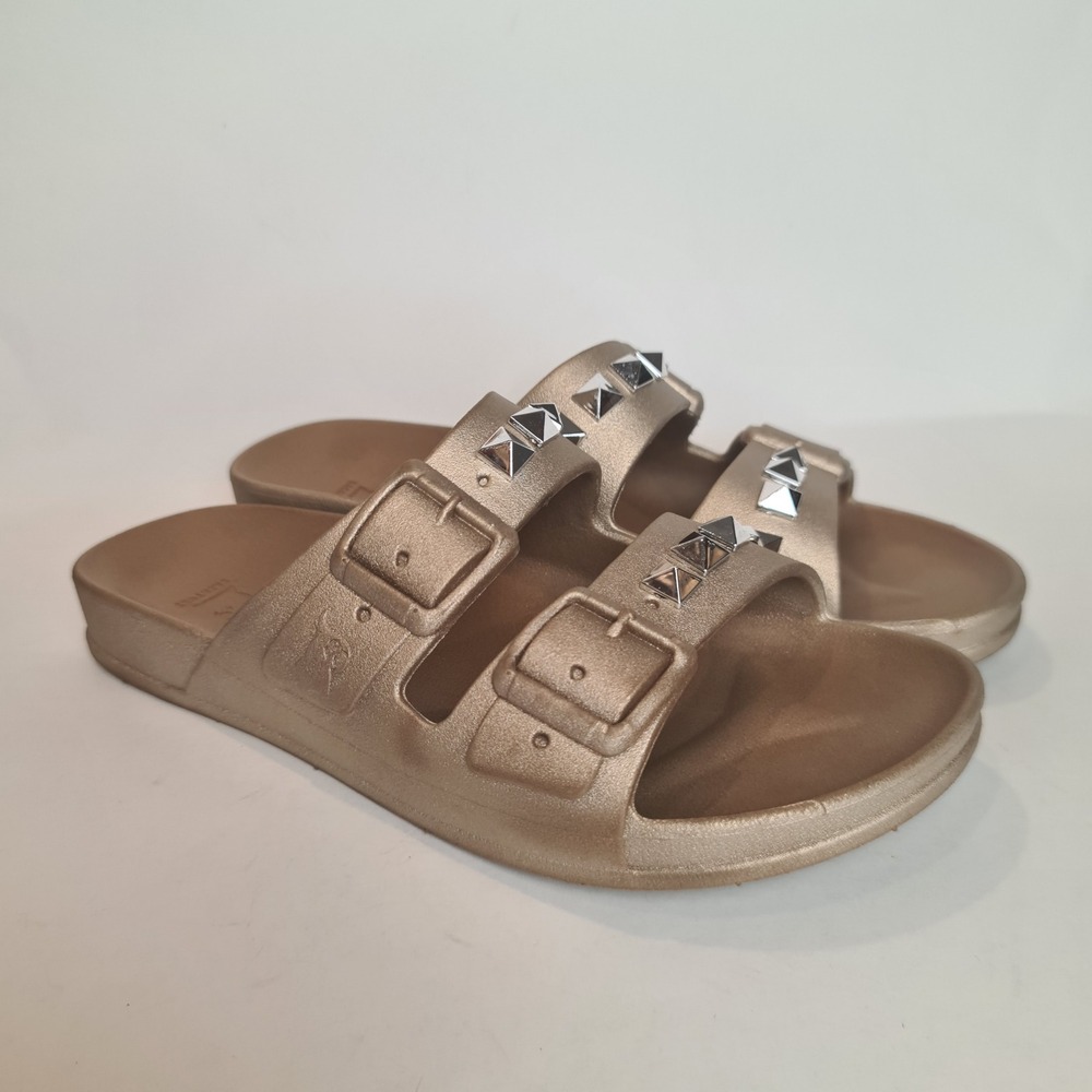 Cacatoes Metallic‎ Gold Studded Double Strap Slide Sandals Brazil Size 10/11